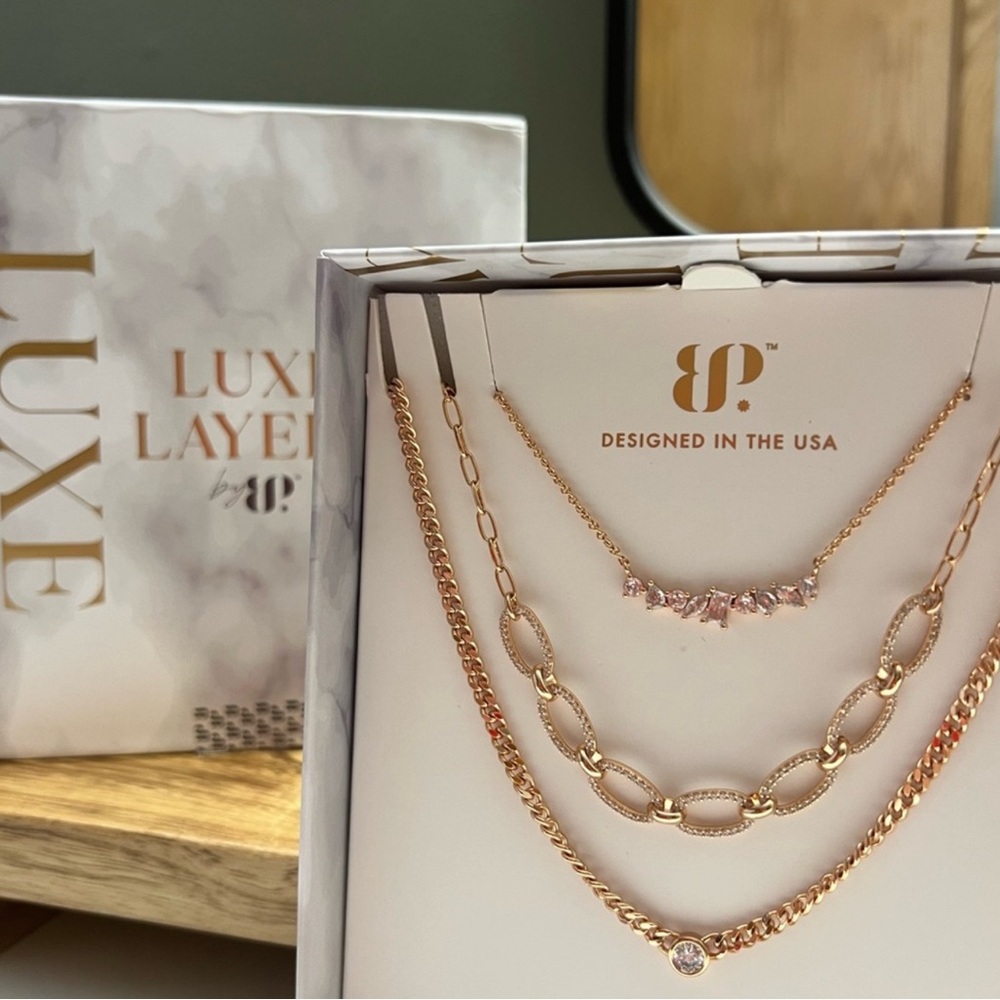 bp Rose Gold Layered Pendant Necklace Set with Pink Stones